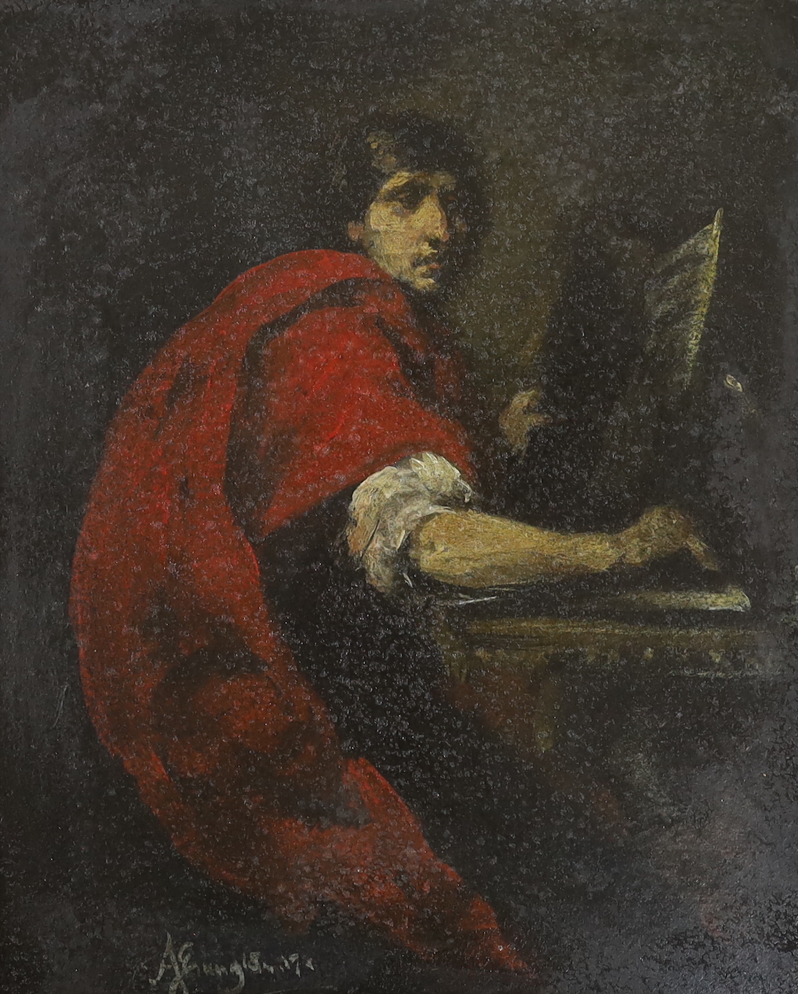Late 19th century oil on board, Portrait of a scholar, indistinctly signed, 22 x 18cm, ornate gilt framed